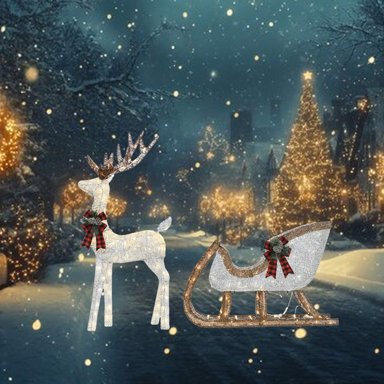 Holiday LED Reindeer with Sleigh Outdoor Christmas Yard Ornament Lightweight & Durable 75.8 × 56.8 × 23 cm